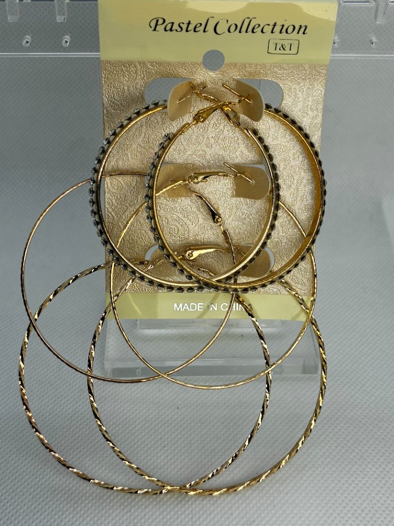 3for$20 Pastel Collection Gold Hoop Earring 3 Pc. Thinestone Textured Mid-Large